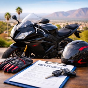 Black sport motorcycle with helmet and gloves beside insurance documents, set against mountain backdrop, representing bike insurance in Moreno Valley CA.