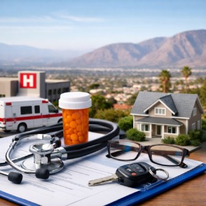 Health insurance in Moreno Valley CA concept showing a hospital with ambulance, home, pill bottle, stethoscope, eyeglasses, car keys, and documents, representing medical coverage and financial security.